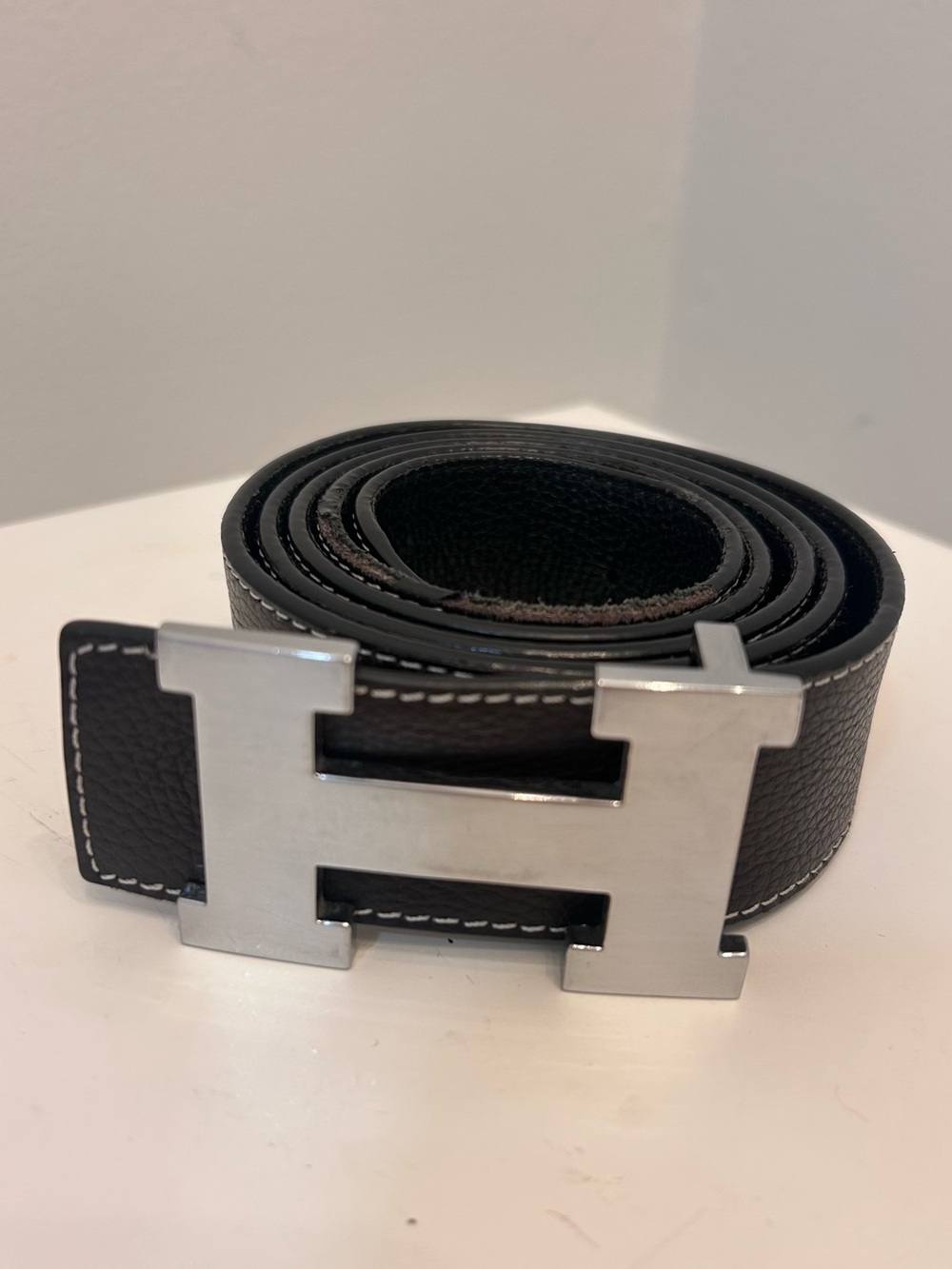 Hermes-Style Men's Black or Brown Reversible Leather Belt with Silver H Buckle